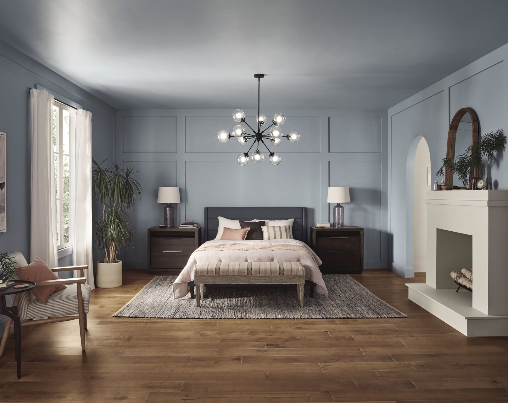 HGSW CCOTY 2022 shown in a bedroom with wall color Aleutian HGSW6241, front view with chandelier, CMYK for print use